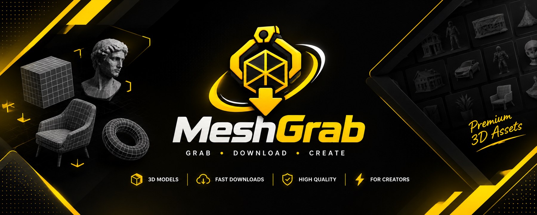 MeshGrab — Premium 3D Assets · Grab · Download · Create